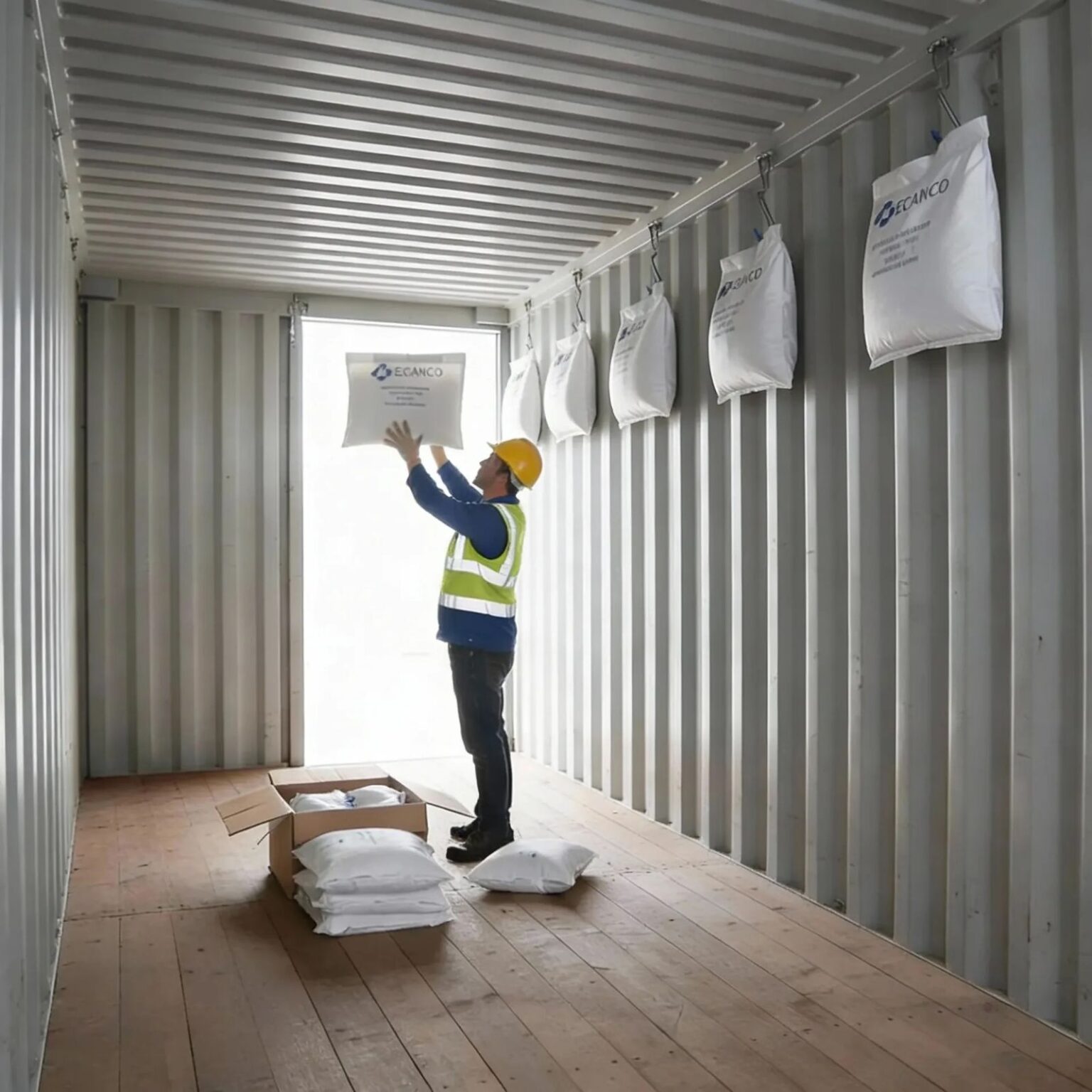 Técnico instalando absorbentes de humedad en el interior de un contenedor