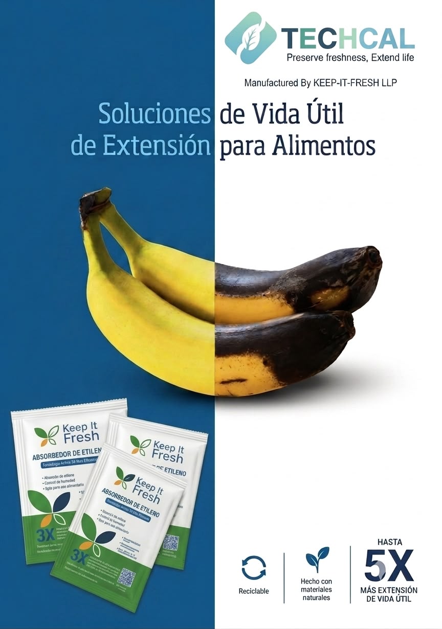Sachets absorbentes de etileno TECHCAL Keep It Fresh: comparativa de banano fresco y maduro con sobres absorbentes